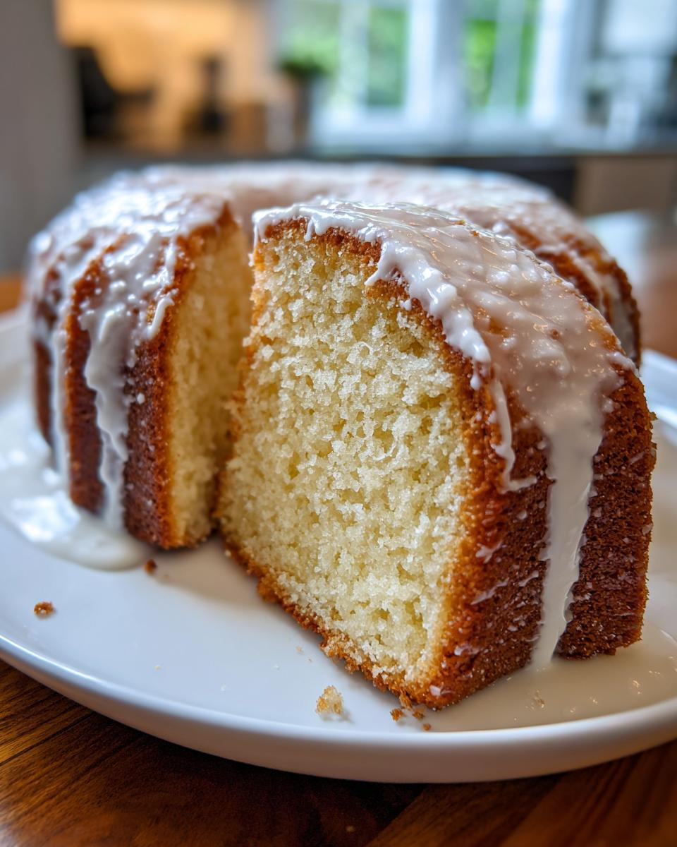 A slice cut from a glazed lemon pound cake, showing the moist interior texture.