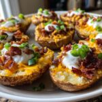 Close-up of several loaded potato skins topped with melted cheddar, bacon bits, sour cream, and green onions.