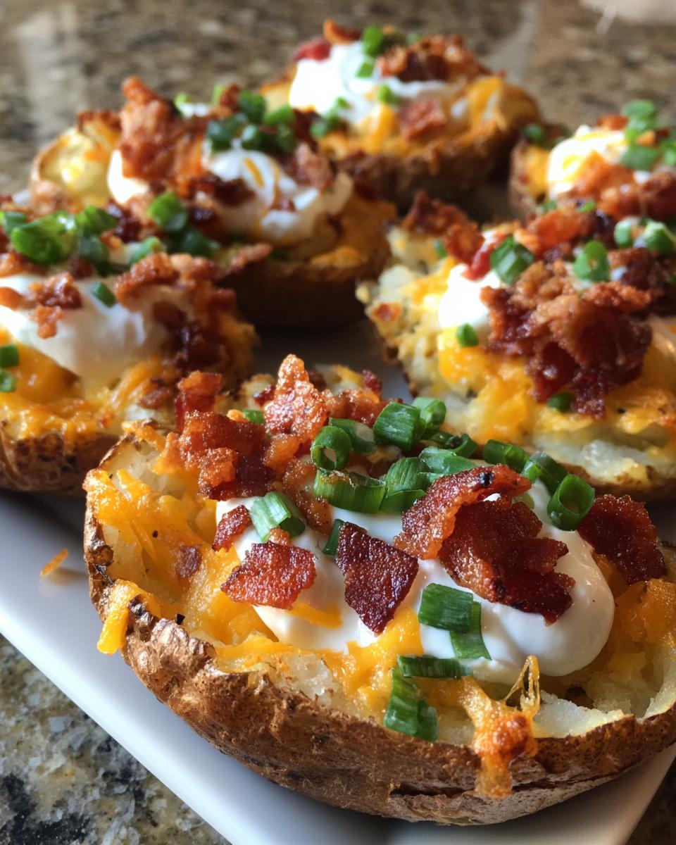 Close-up of several loaded potato skins topped with melted cheddar, sour cream, bacon bits, and green onions.