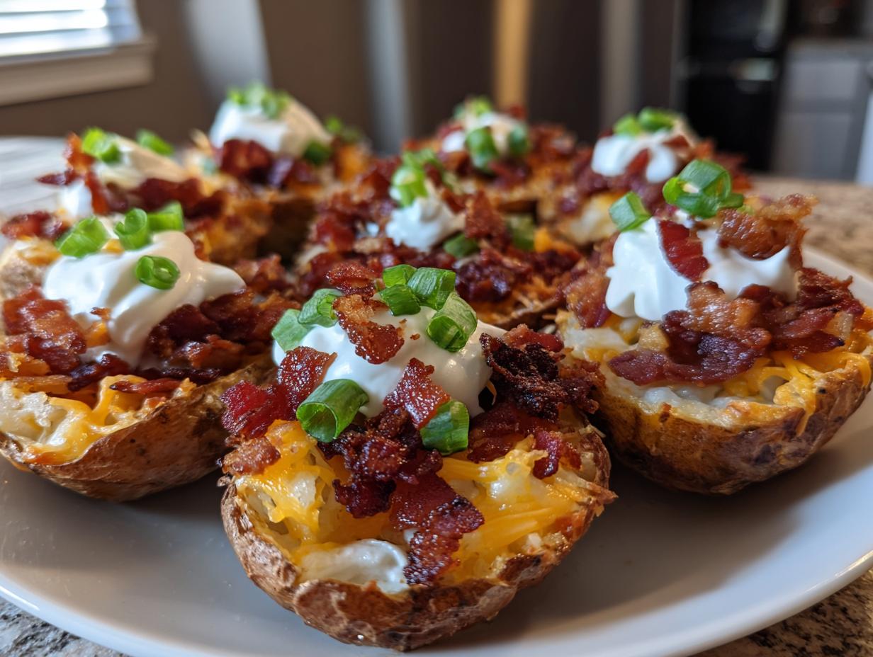 A plate full of loaded potato skins topped with melted cheese, bacon bits, sour cream, and green onions.
