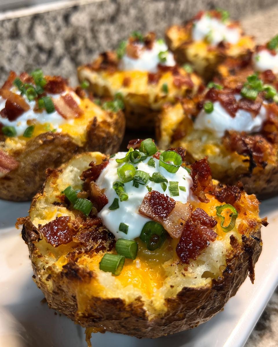 Close-up of loaded potato skins filled with melted cheese, bacon bits, sour cream, and fresh chives.