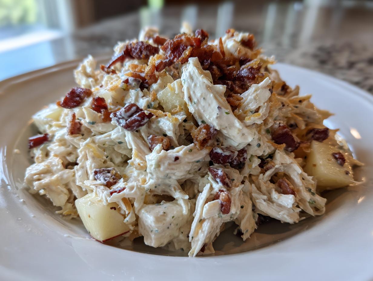 A mound of creamy honey mustard chicken salad mixed with chunks of apple and topped generously with crispy bacon bits.