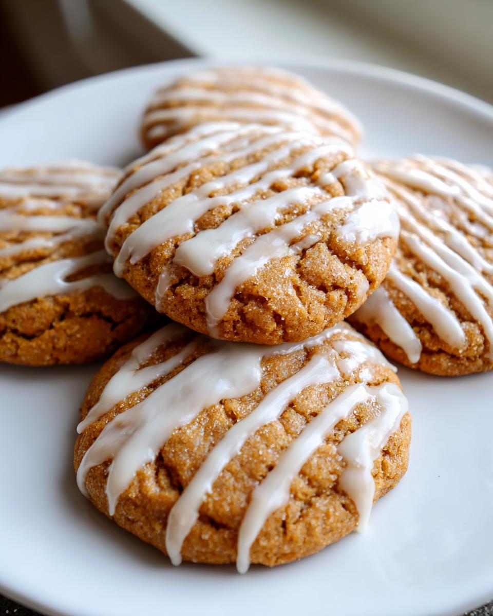 Close-up of soft maple brown sugar cookies stacked on a white plate, drizzled with white icing.