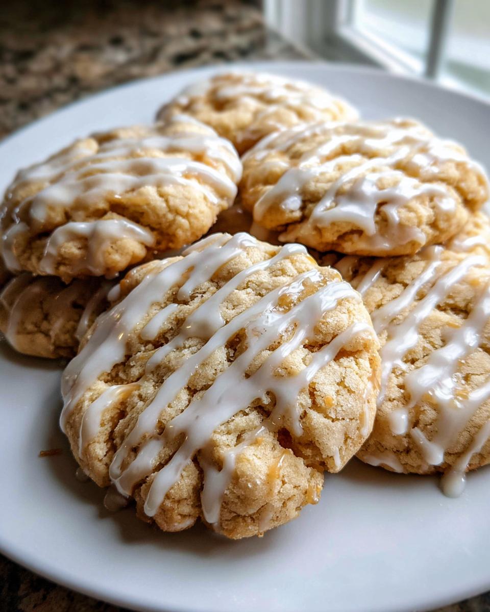 A stack of soft maple brown sugar cookies drizzled generously with white vanilla glaze on a white plate.