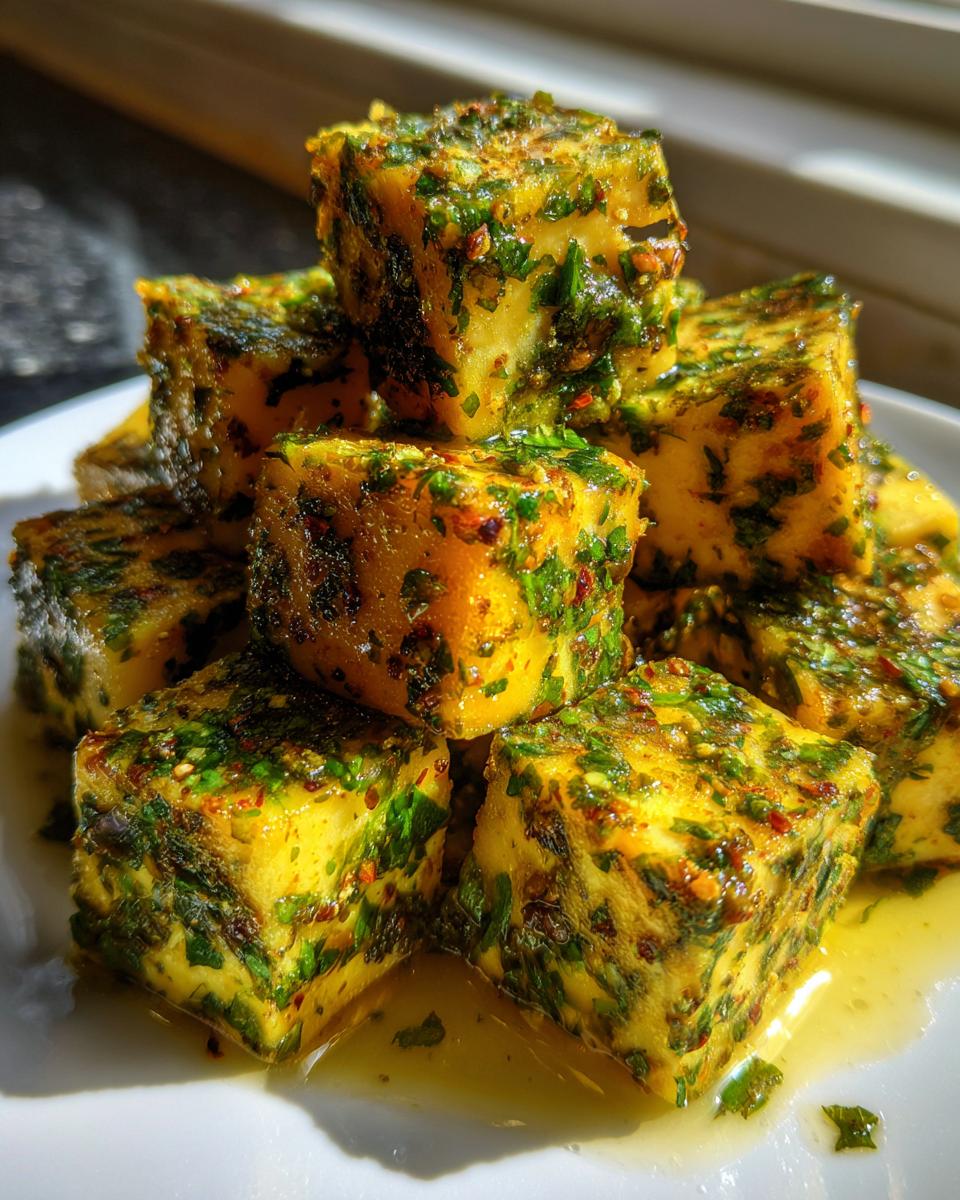 Close-up of yellow cubes of marinated cheese heavily coated in green herbs and spices, sitting in oil on a white plate.