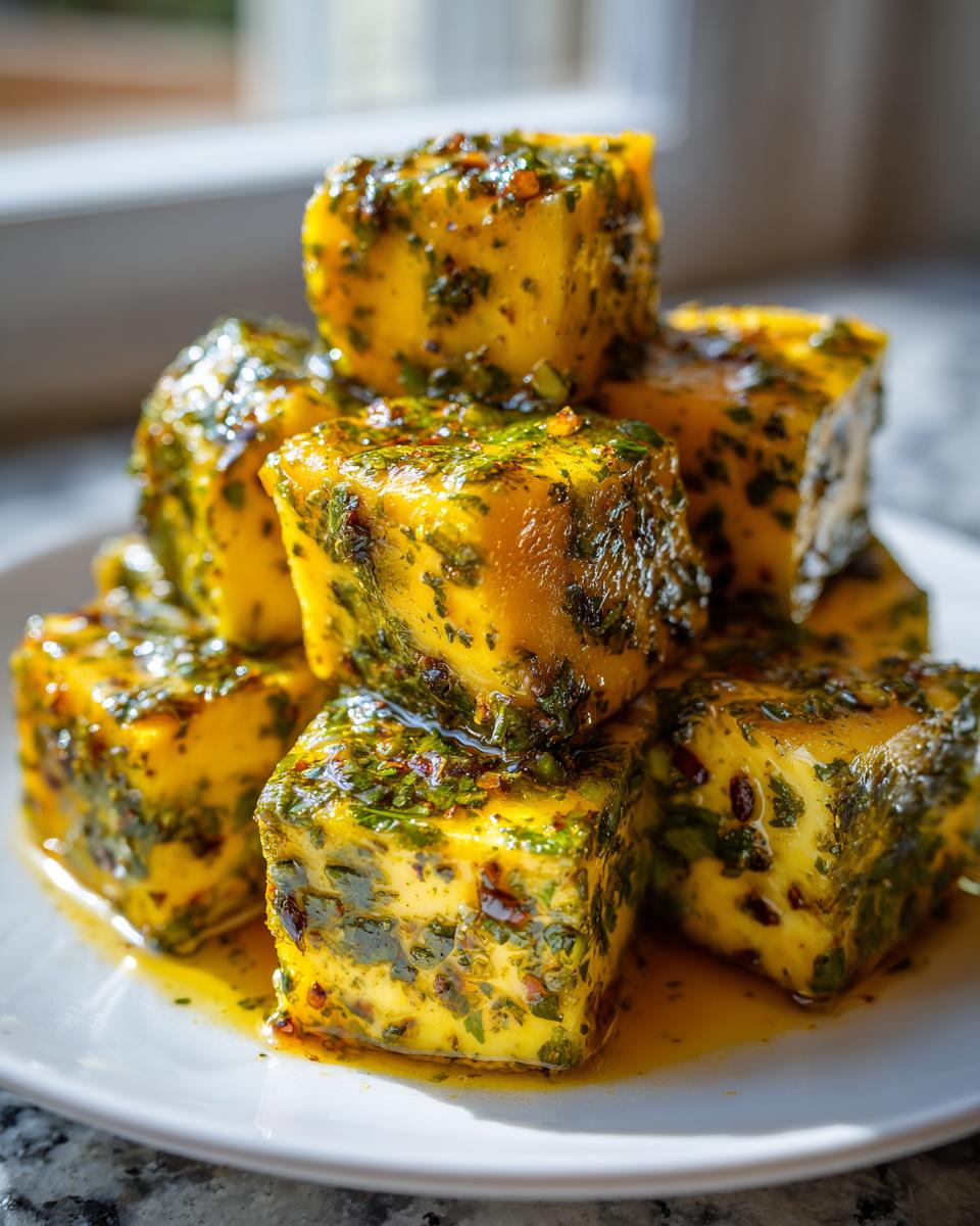 Close-up of yellow cubes of marinated cheese, heavily coated in green herbs and oil, stacked on a white plate.