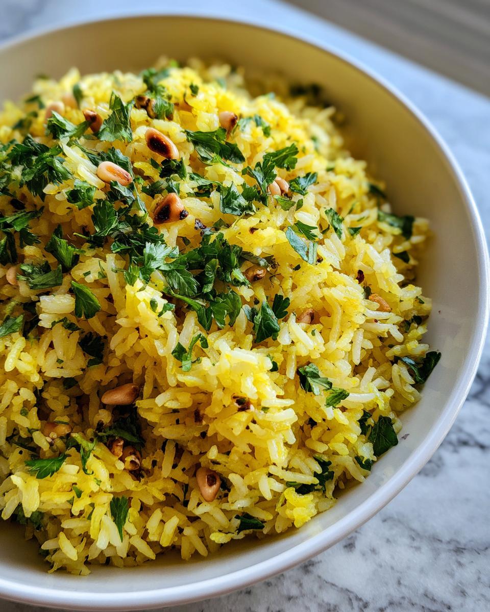 Close-up of bright yellow Mediterranean rice topped with fresh chopped parsley and toasted pine nuts in a white bowl.