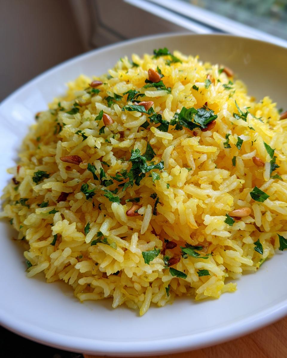 Close-up of bright yellow mediterranean rice garnished with fresh parsley and toasted pine nuts.