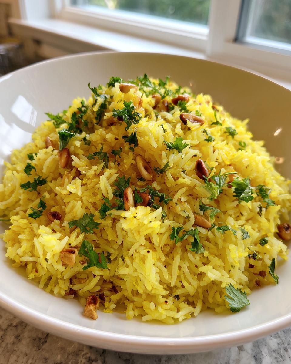 A close-up of fluffy, yellow mediterranean rice topped with toasted pine nuts and fresh parsley in a white bowl.