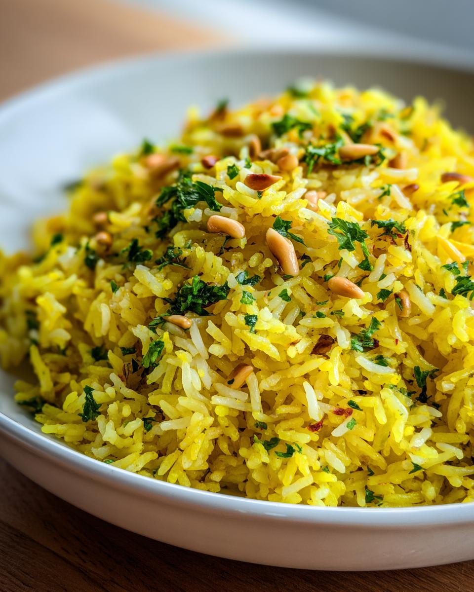 Close-up of vibrant yellow mediterranean rice topped with toasted pine nuts and fresh parsley.