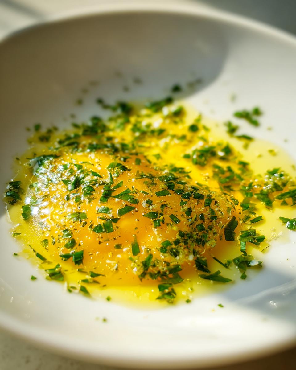 Close-up of melted butter mixed with finely chopped green herbs, likely for cowboy butter dipping sauce.