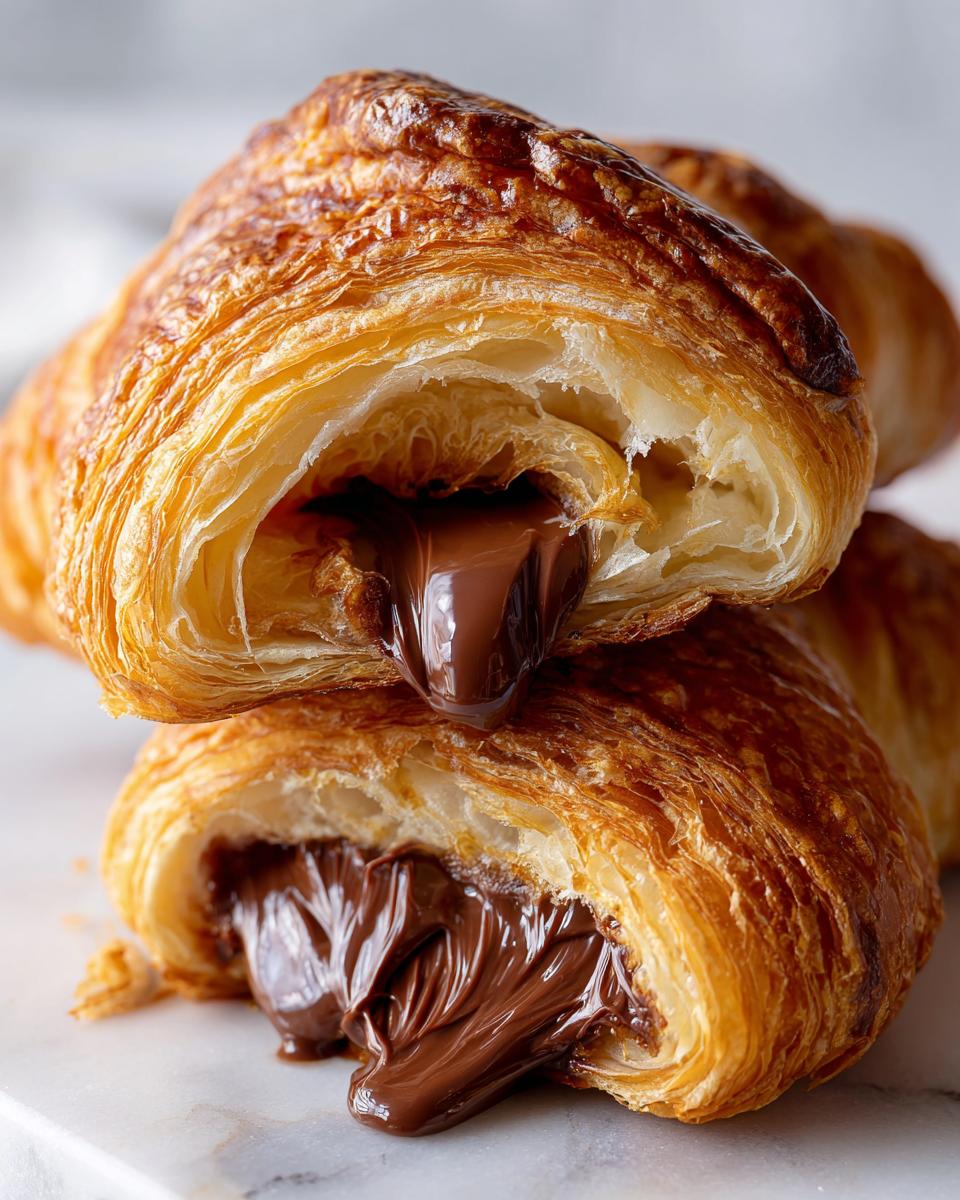 Two halves of a flaky, golden chocolate croissant stacked, revealing gooey melted chocolate oozing out.