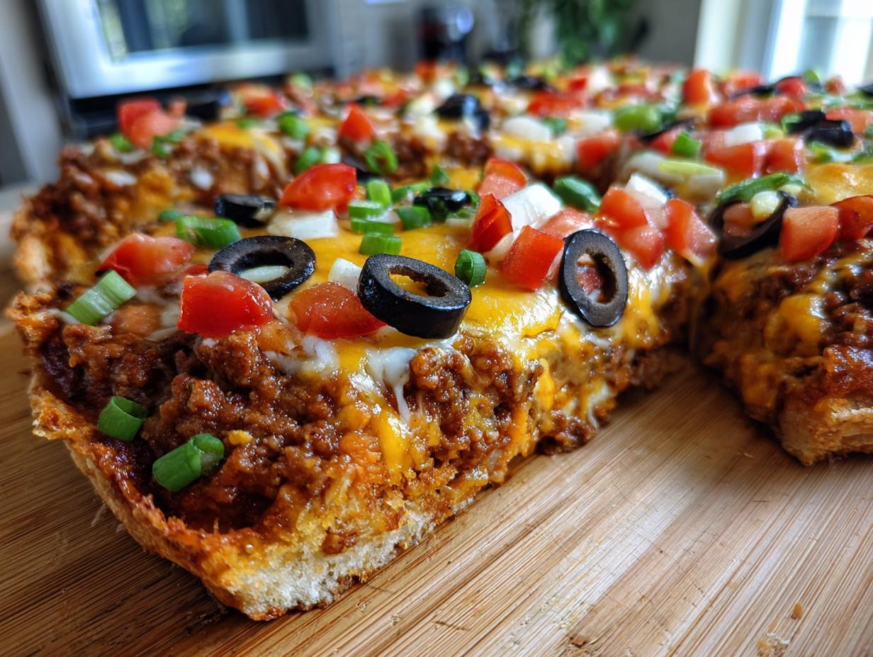 Close-up view of a thick slice of Mexican pizza loaded with seasoned ground beef, melted cheese, black olives, tomatoes, and green onions.