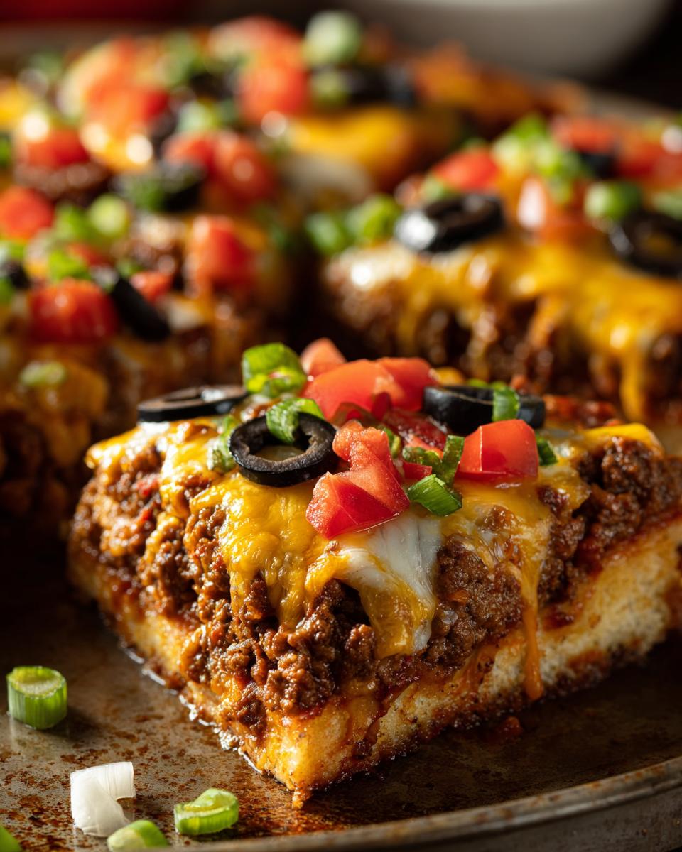 A close-up slice of homemade Mexican pizza topped with seasoned ground beef, melted cheddar cheese, black olives, and diced tomatoes.