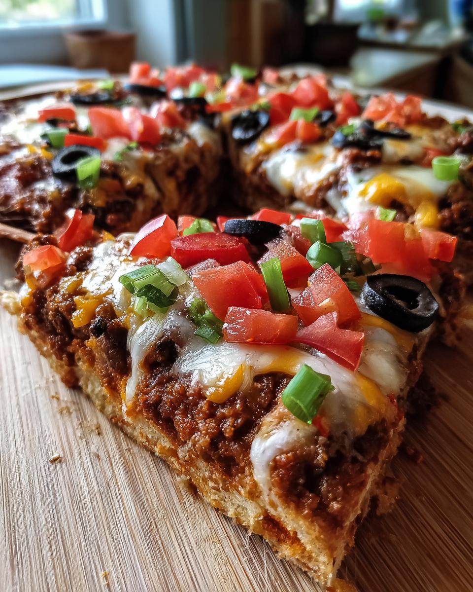 Close-up of a thick slice of Mexican pizza showing seasoned ground beef, melted cheese, tomatoes, olives, and green onions.