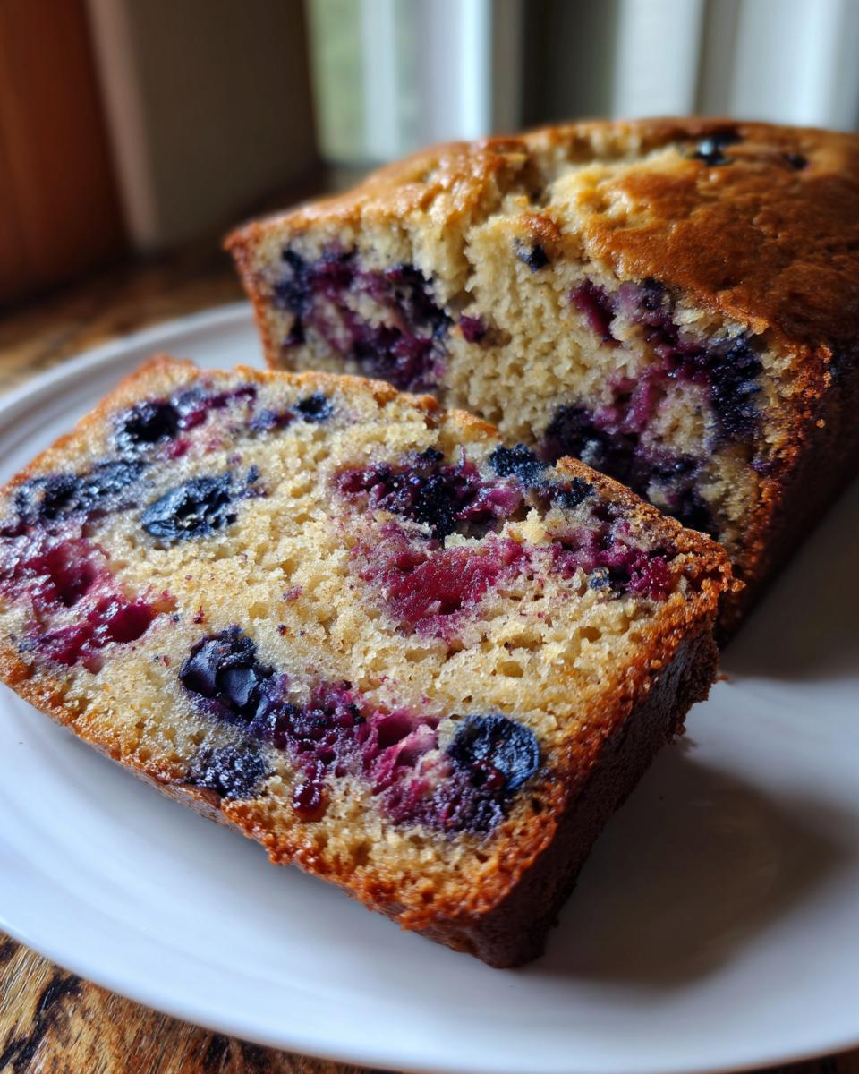 Close-up of moist blueberry banana bread, showing a thick slice revealing vibrant purple blueberries baked into the golden crumb.