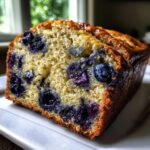 Close-up of a moist slice of blueberry banana bread showing bright purple blueberries baked into the golden crumb.