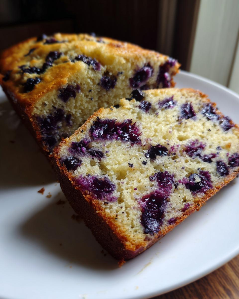 Close-up of a moist slice of blueberry banana bread showing the tender crumb and burst blueberries.