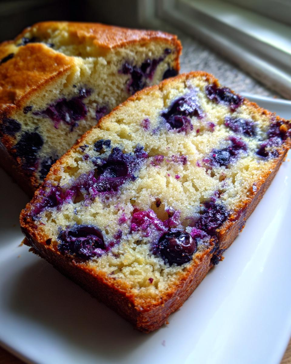Close-up of a moist slice of blueberry banana bread showing vibrant purple blueberries baked into the golden crumb.