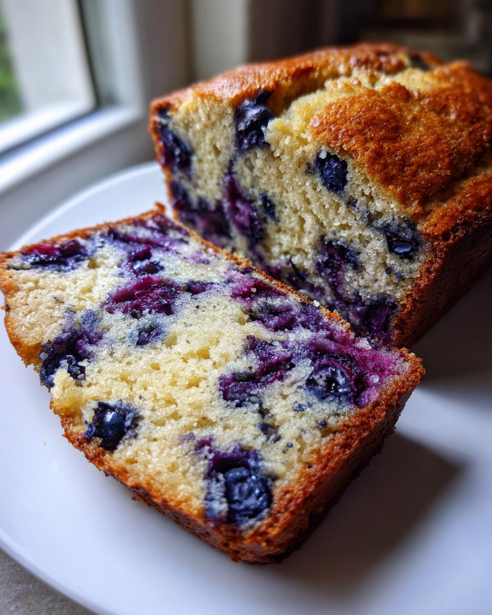 Close-up of a moist slice of blueberry banana bread showing the dense crumb and burst blueberries.