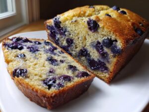 Close-up of a moist blueberry banana bread loaf, sliced to show the dense crumb packed with blueberries.