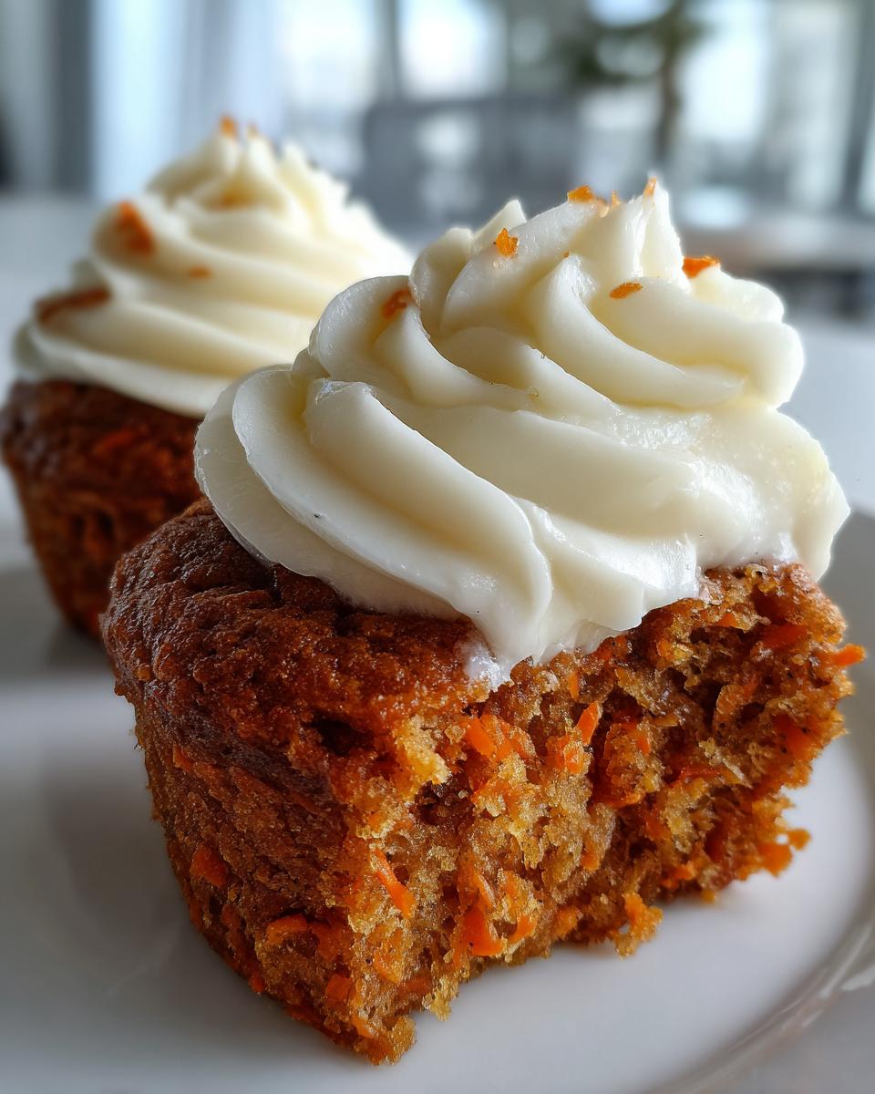 A close-up view of a carrot cake muffin with a bite taken out, showing moist texture and shredded carrots, topped with cream cheese frosting.