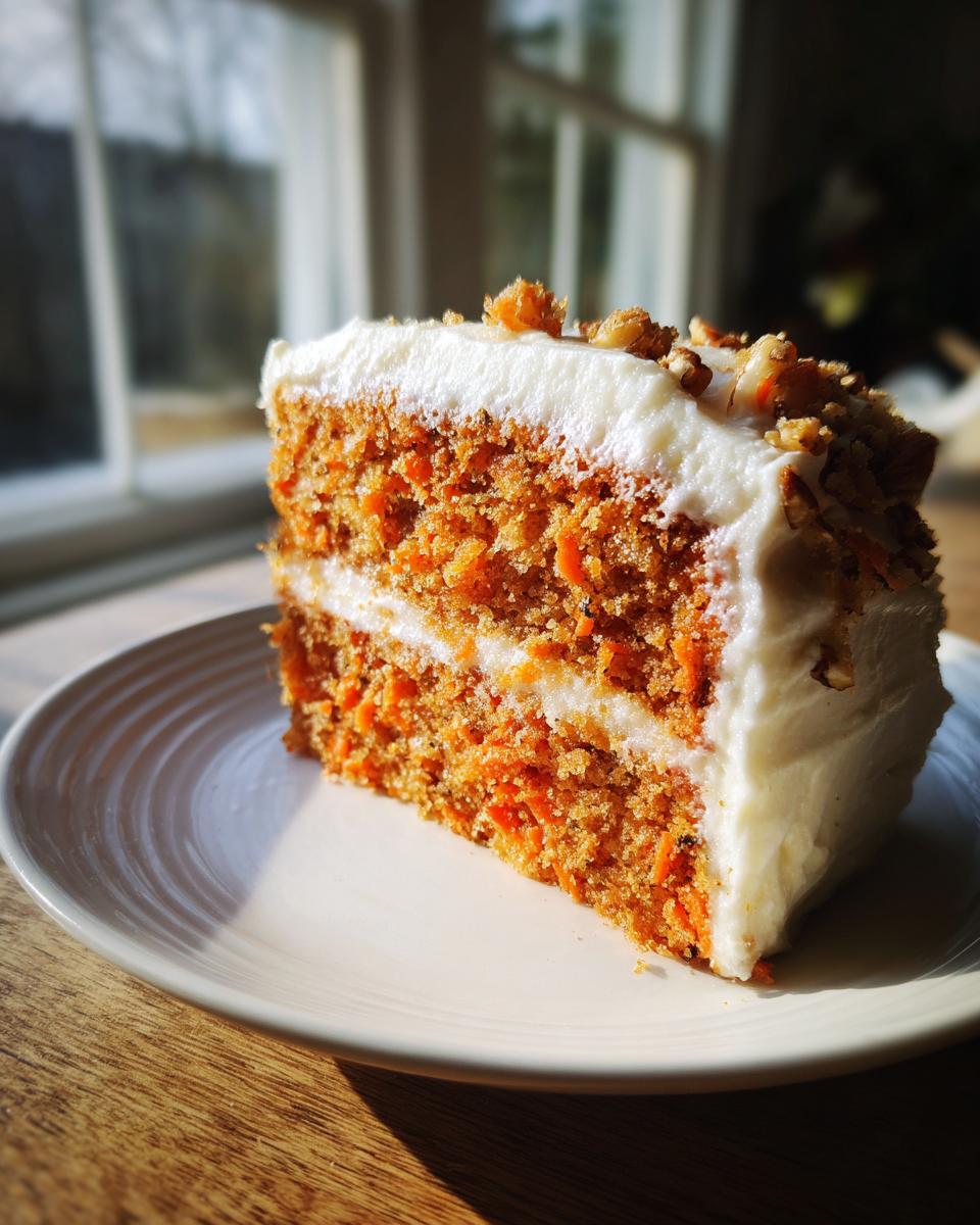 A thick slice of moist carrot cake recipe with cream cheese frosting and chopped nuts on top, sitting on a white plate.