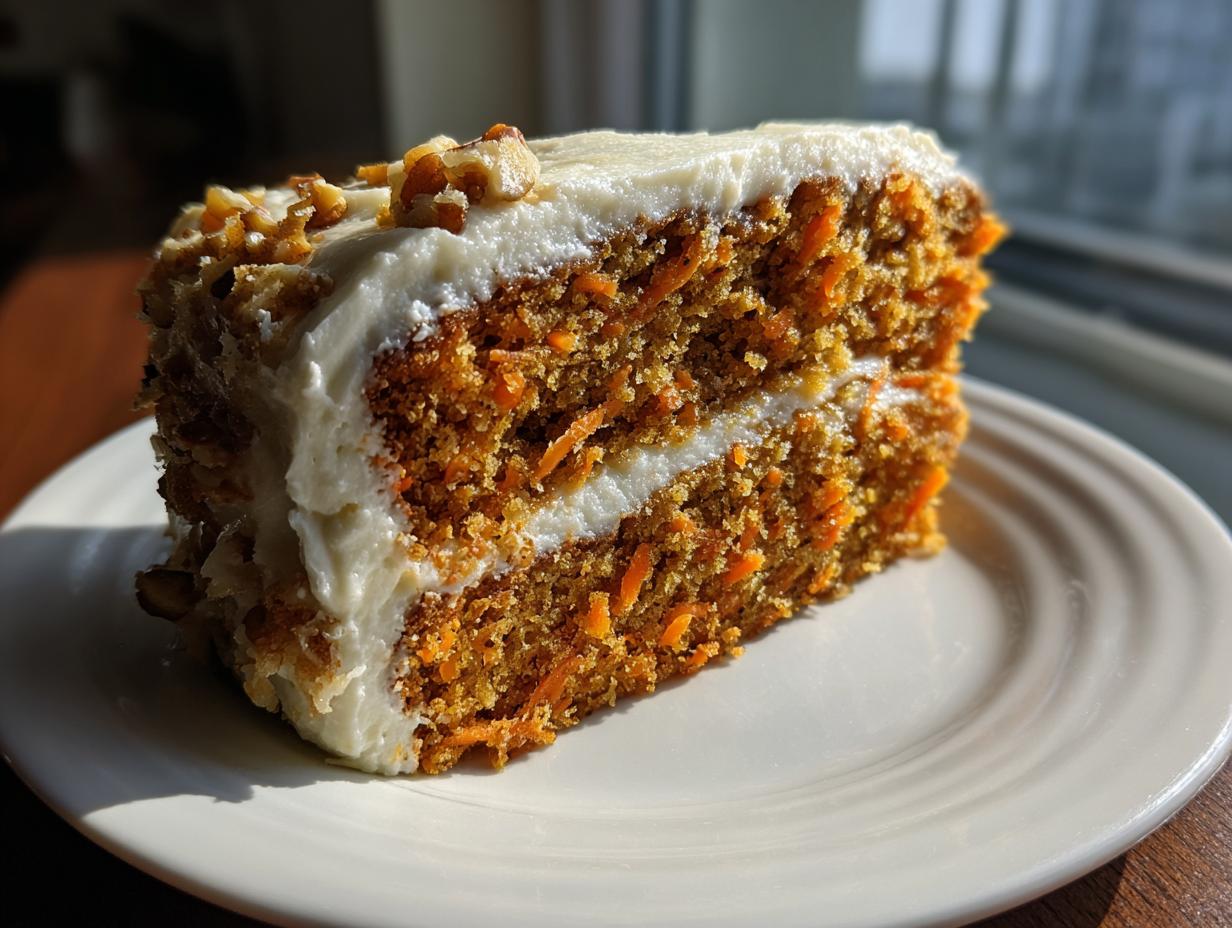 A thick slice of moist carrot cake recipe, featuring visible shredded carrots, cream cheese frosting, and chopped walnuts on top.