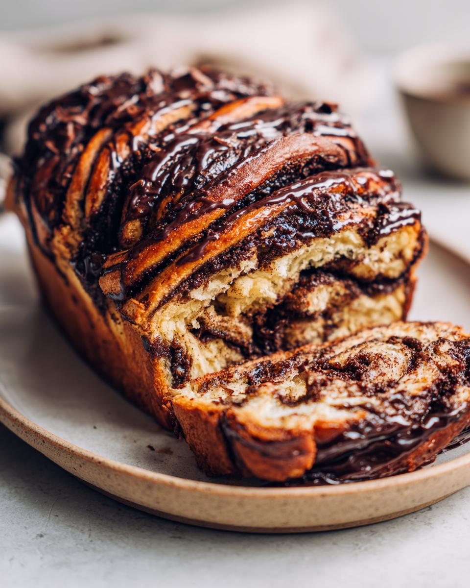 A close-up of a freshly baked chocolate babka loaf, sliced to show the rich, swirled chocolate filling and shiny glaze.