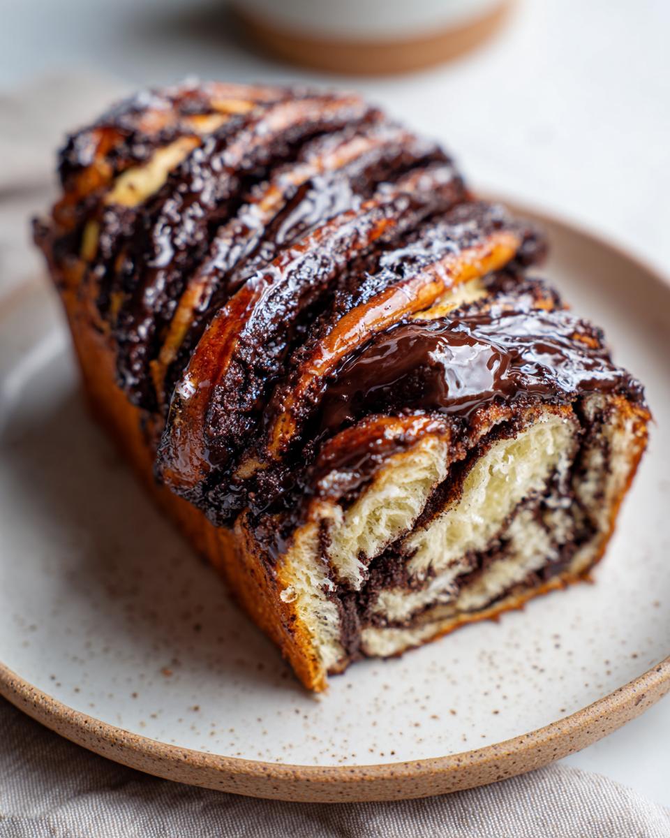 A close-up of a freshly baked chocolate babka loaf showing its rich, glossy chocolate filling and soft, layered dough.