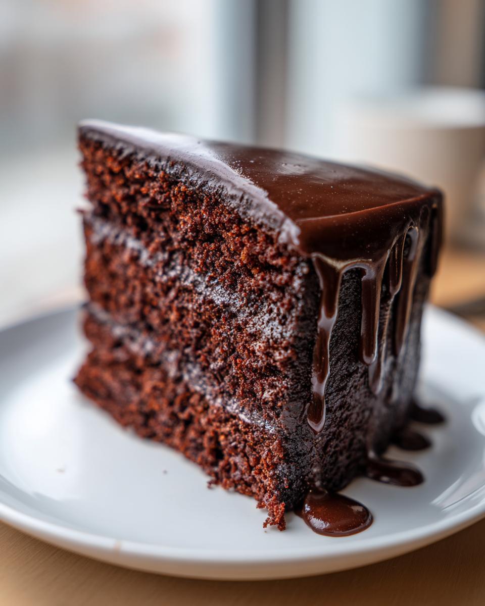 A close-up of a rich, moist slice of chocolate cake recipe topped with dripping dark chocolate ganache.