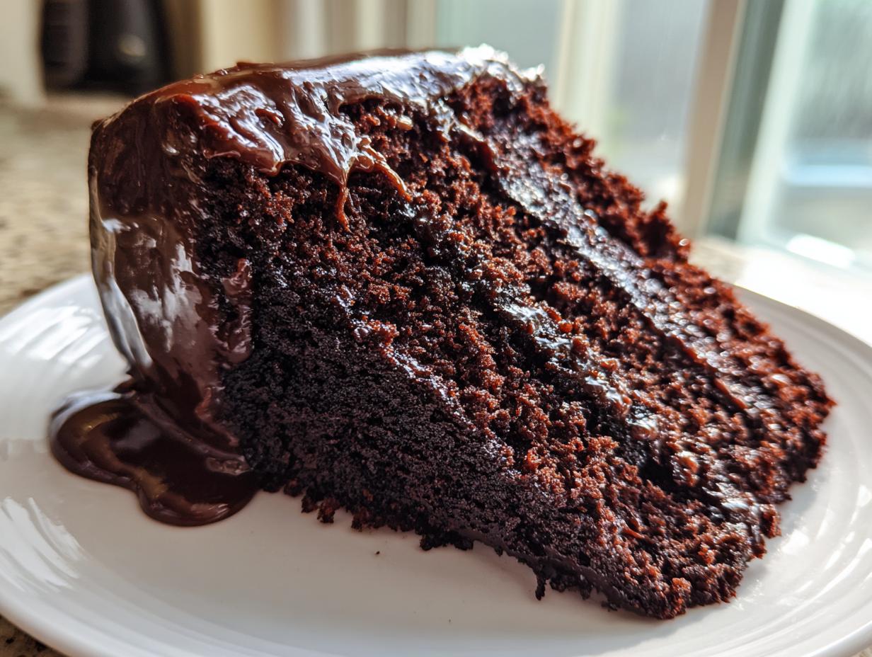 Close-up of a moist slice of chocolate cake recipe covered in dripping dark chocolate ganache on a white plate.