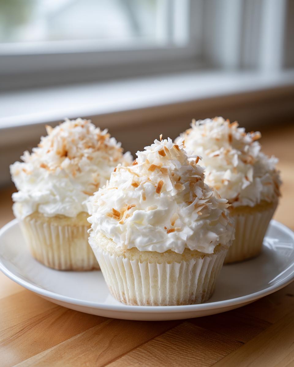 Three moist coconut cupcakes topped with white frosting and toasted coconut flakes, sitting on a white plate.