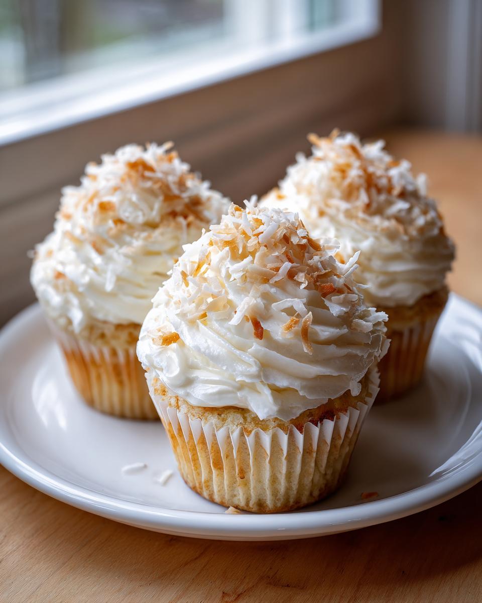 Three moist coconut cupcakes topped with white frosting and toasted coconut flakes sitting on a white plate.