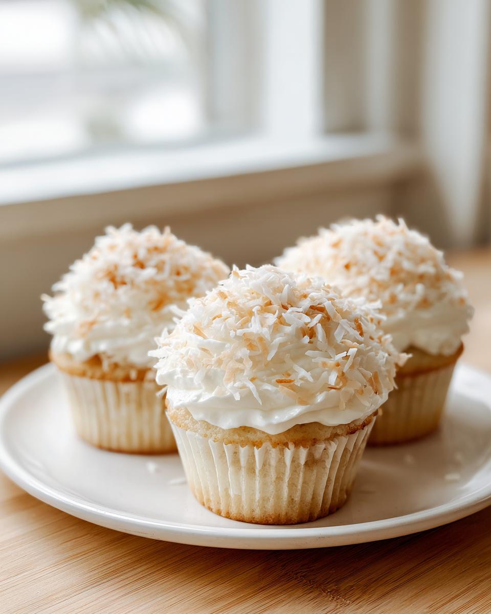 Three moist coconut cupcakes topped with white frosting and toasted coconut flakes, sitting on a white plate.