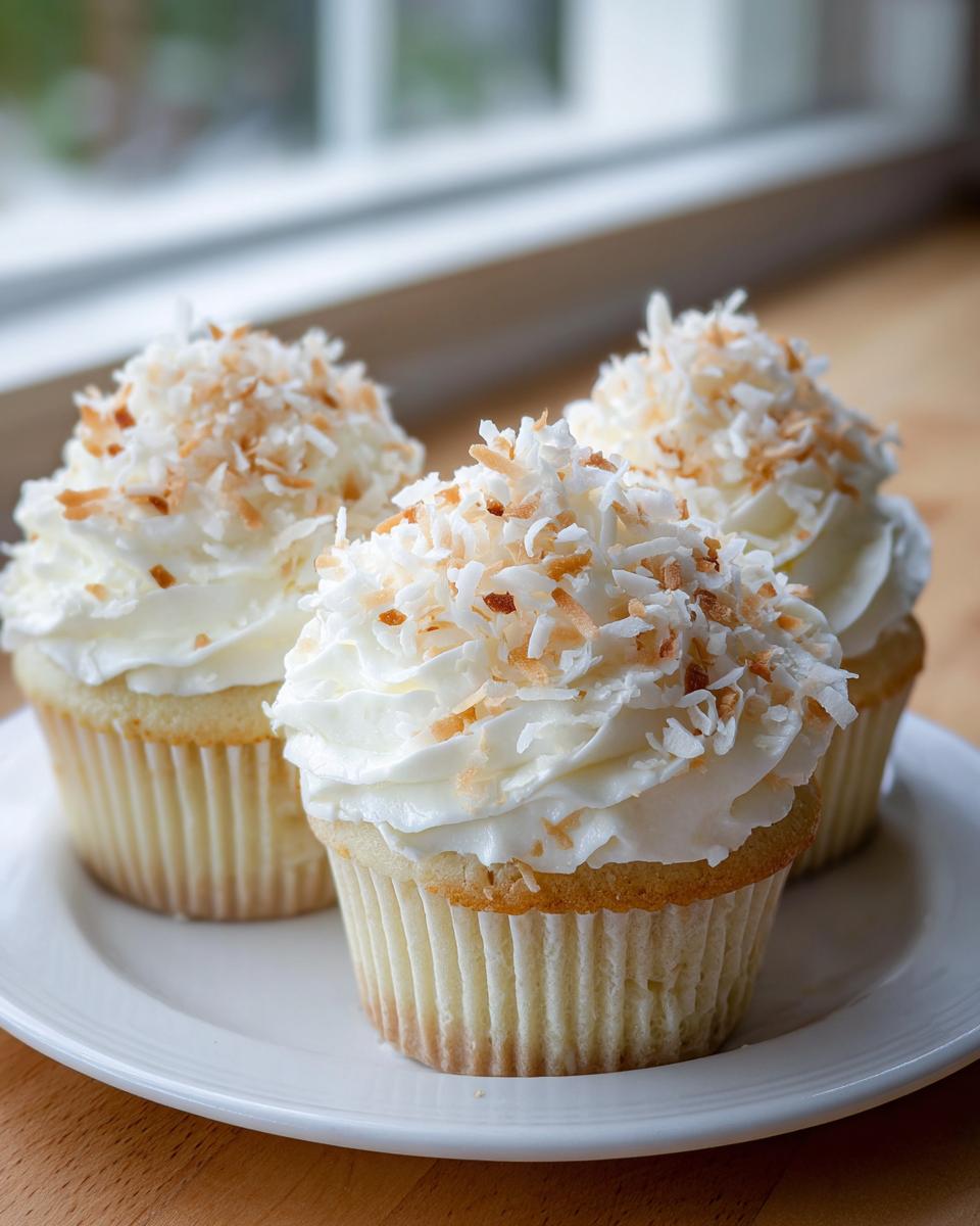 Three moist coconut cupcakes topped with white frosting and toasted coconut flakes, sitting on a white plate.