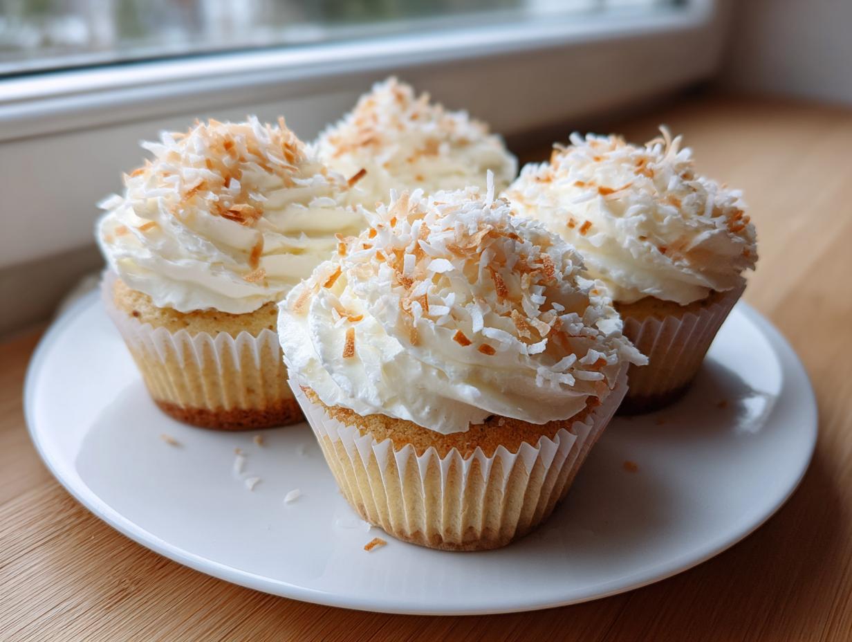 Four moist coconut cupcakes topped with white frosting and toasted coconut flakes, sitting on a white plate.
