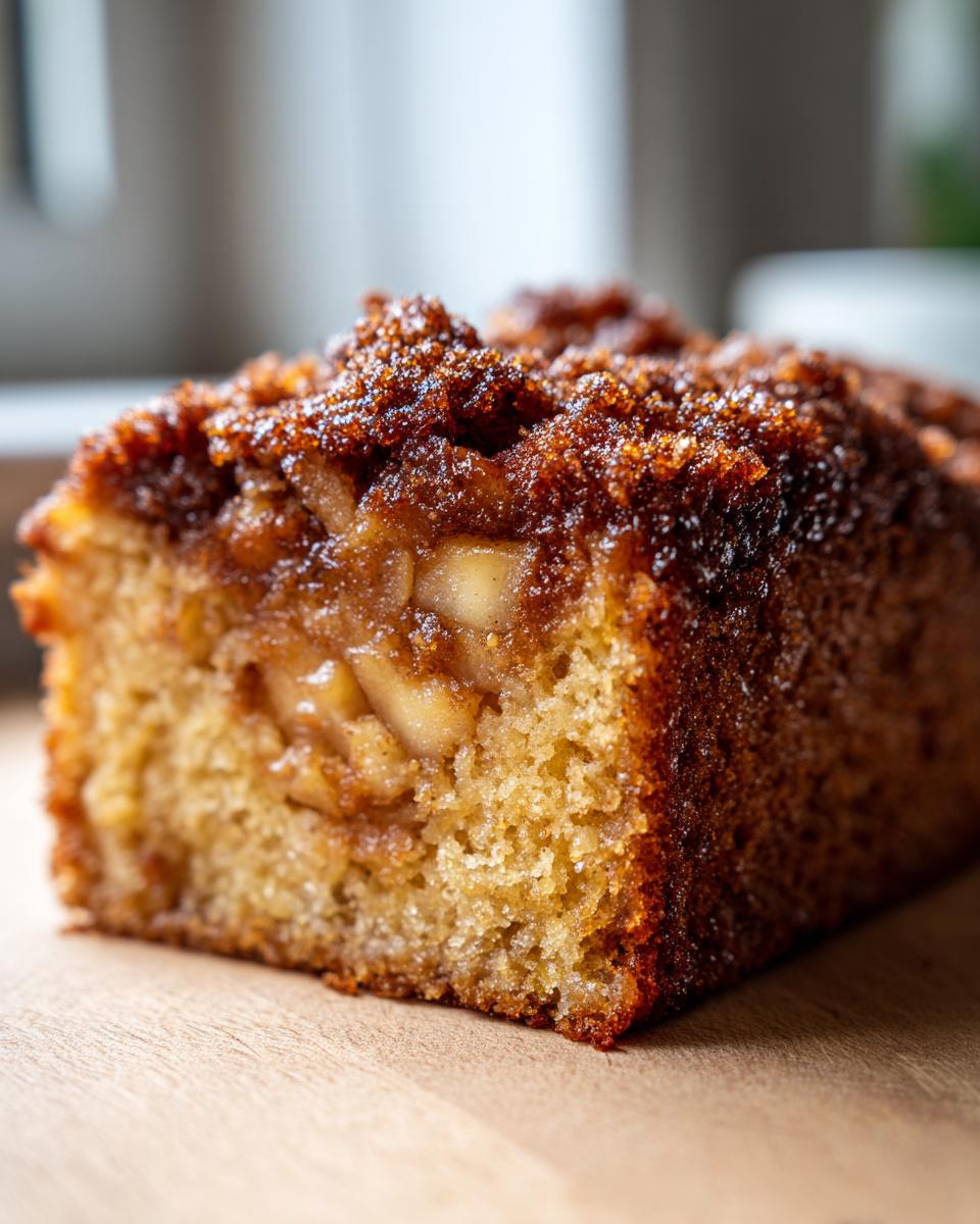 Close-up of a moist slice of jewish apple cake showing tender crumb and cinnamon apple filling under a dark crumble topping.