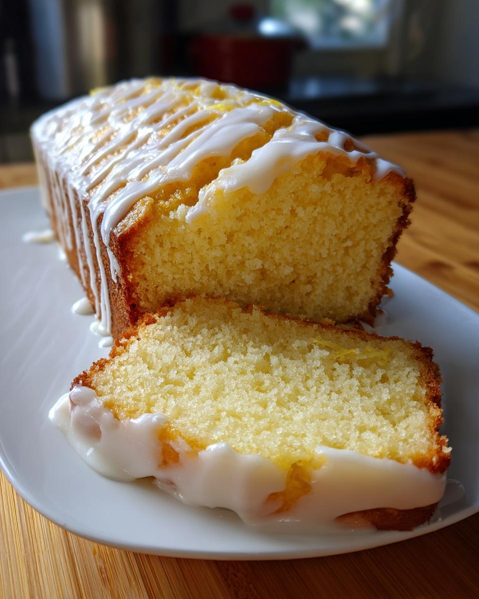 A loaf of moist lemon pound cake drizzled with white icing, with one thick slice cut and resting against the main loaf.