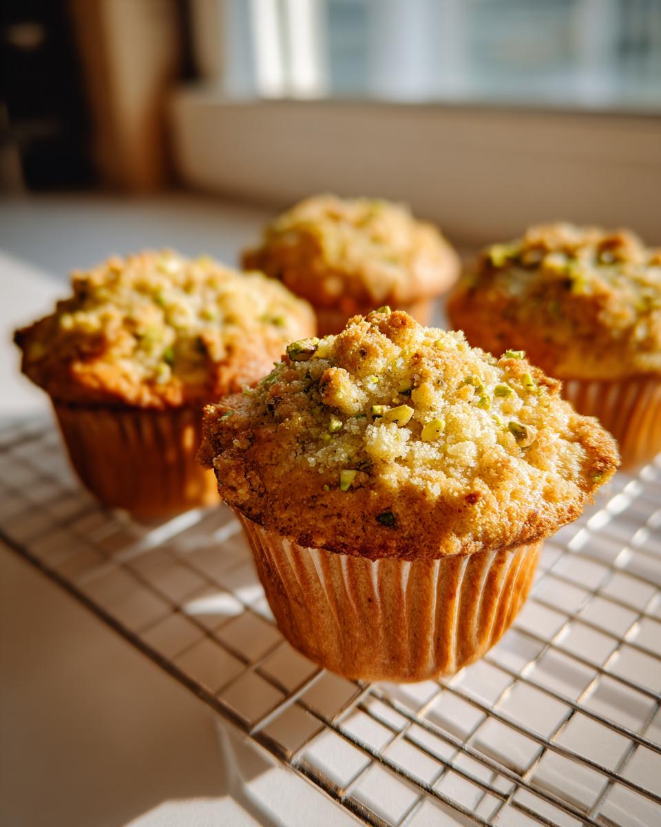 Close-up of moist pistachio muffins cooling on a wire rack, featuring a generous crumb topping with visible pistachio pieces.