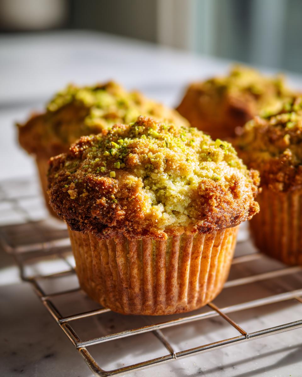 Close-up of a moist pistachio muffin with a golden brown, crumbly top sprinkled with crushed pistachios.