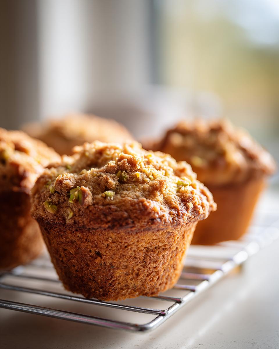 Close-up of a freshly baked, moist pistachio muffin with a crumb topping cooling on a wire rack.