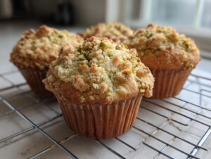 Close-up of four moist pistachio muffins cooling on a wire rack, topped with streusel and chopped pistachios.