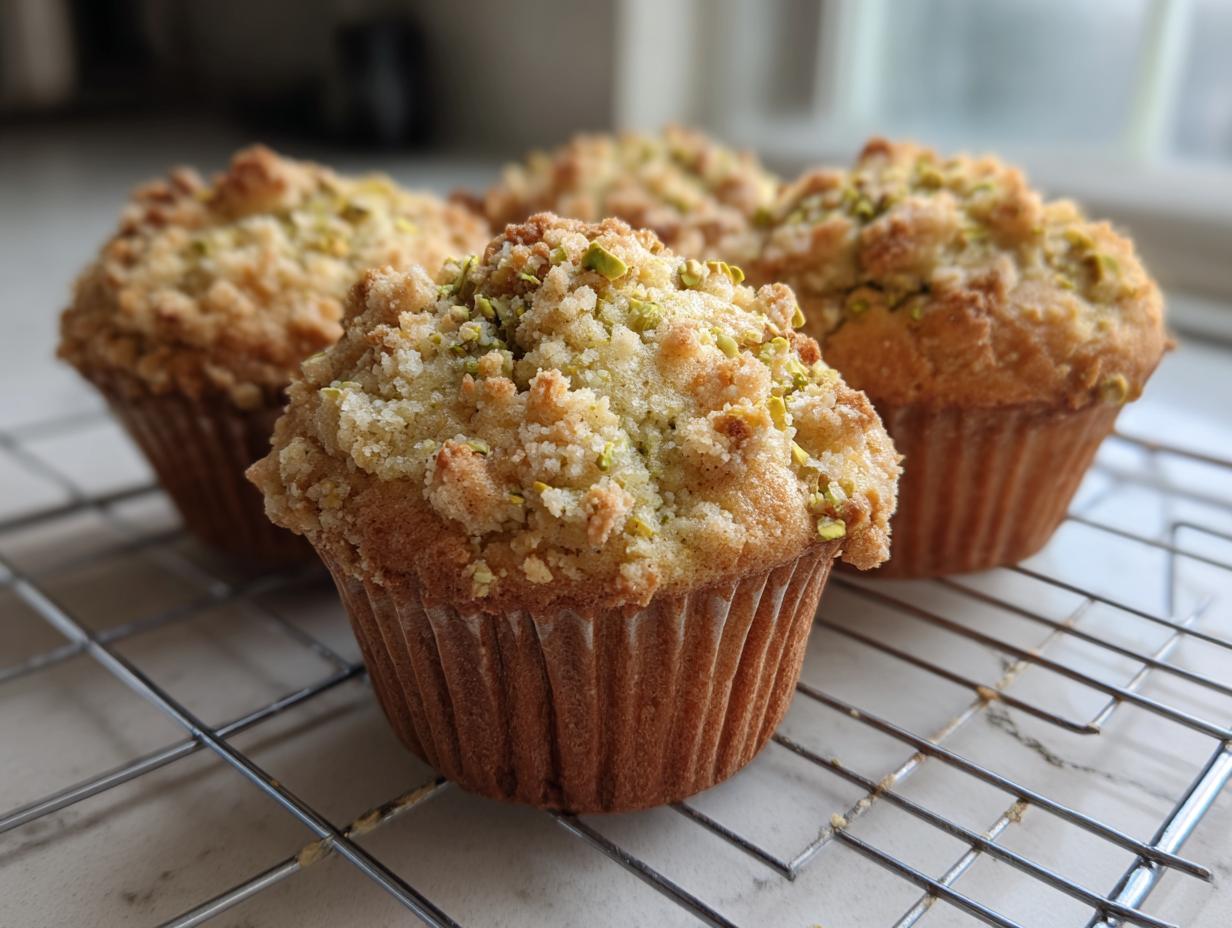 Close-up of four moist pistachio muffins cooling on a wire rack, topped with streusel and chopped pistachios.