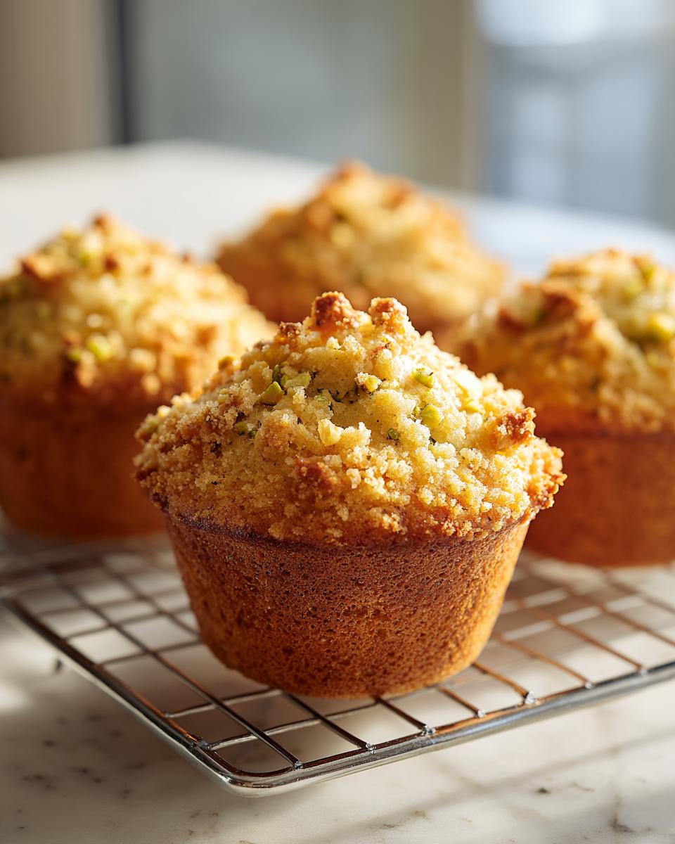 Close-up of a moist pistachio muffin with a crunchy crumb topping resting on a cooling rack.