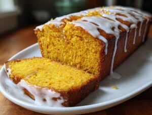 Close-up of a loaf of moist pumpkin bread, sliced, with white vanilla glaze dripping down the sides.
