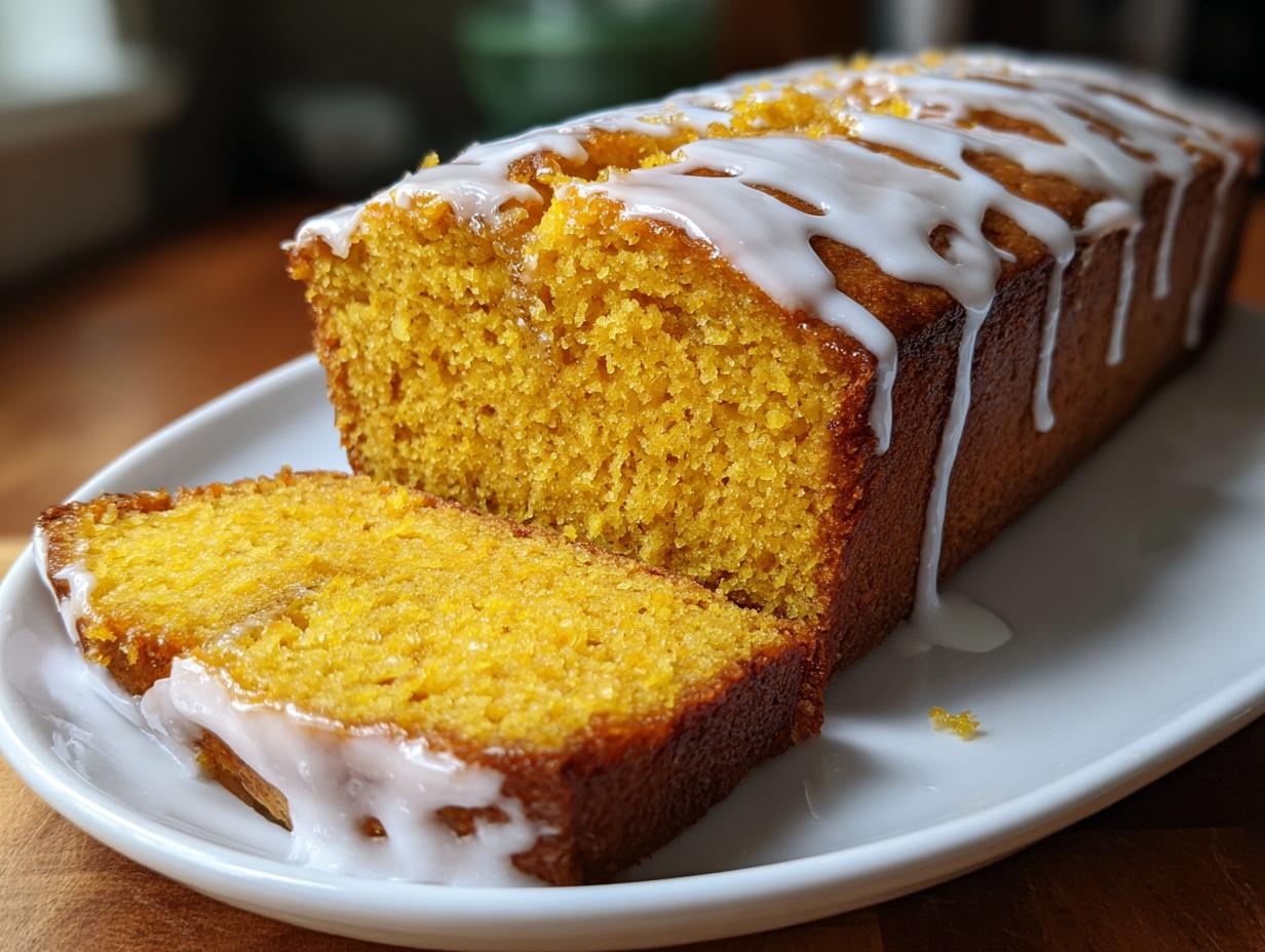 Close-up of a loaf of moist pumpkin bread, sliced, with white vanilla glaze dripping down the sides.