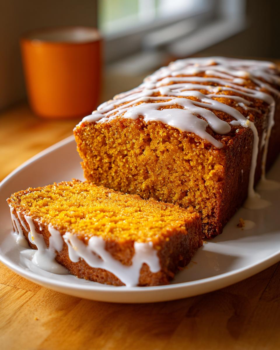 Close-up of a slice of moist pumpkin bread drizzled with white vanilla glaze on a white platter.