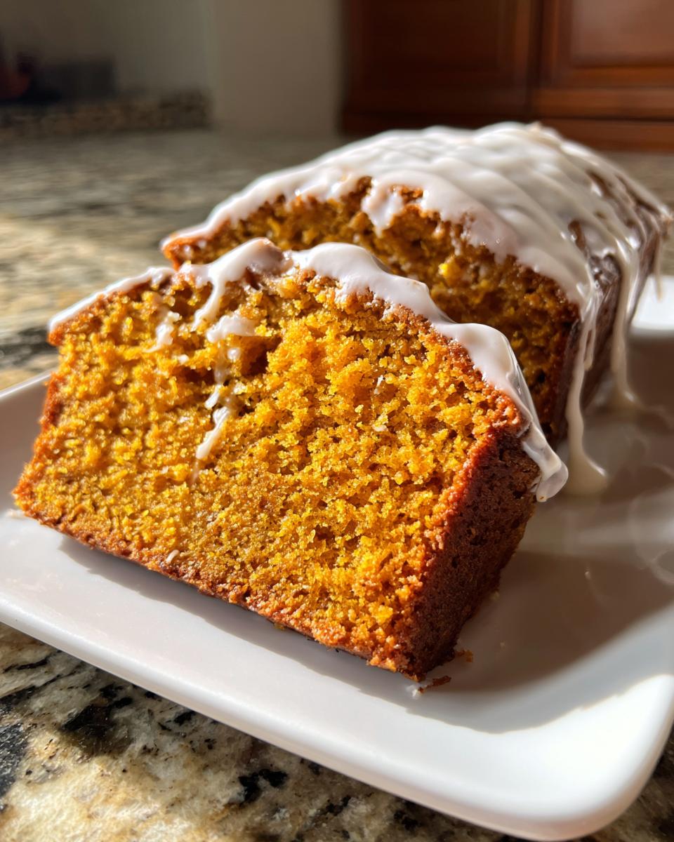 A close-up of a thick slice of moist pumpkin bread topped with white vanilla glaze.