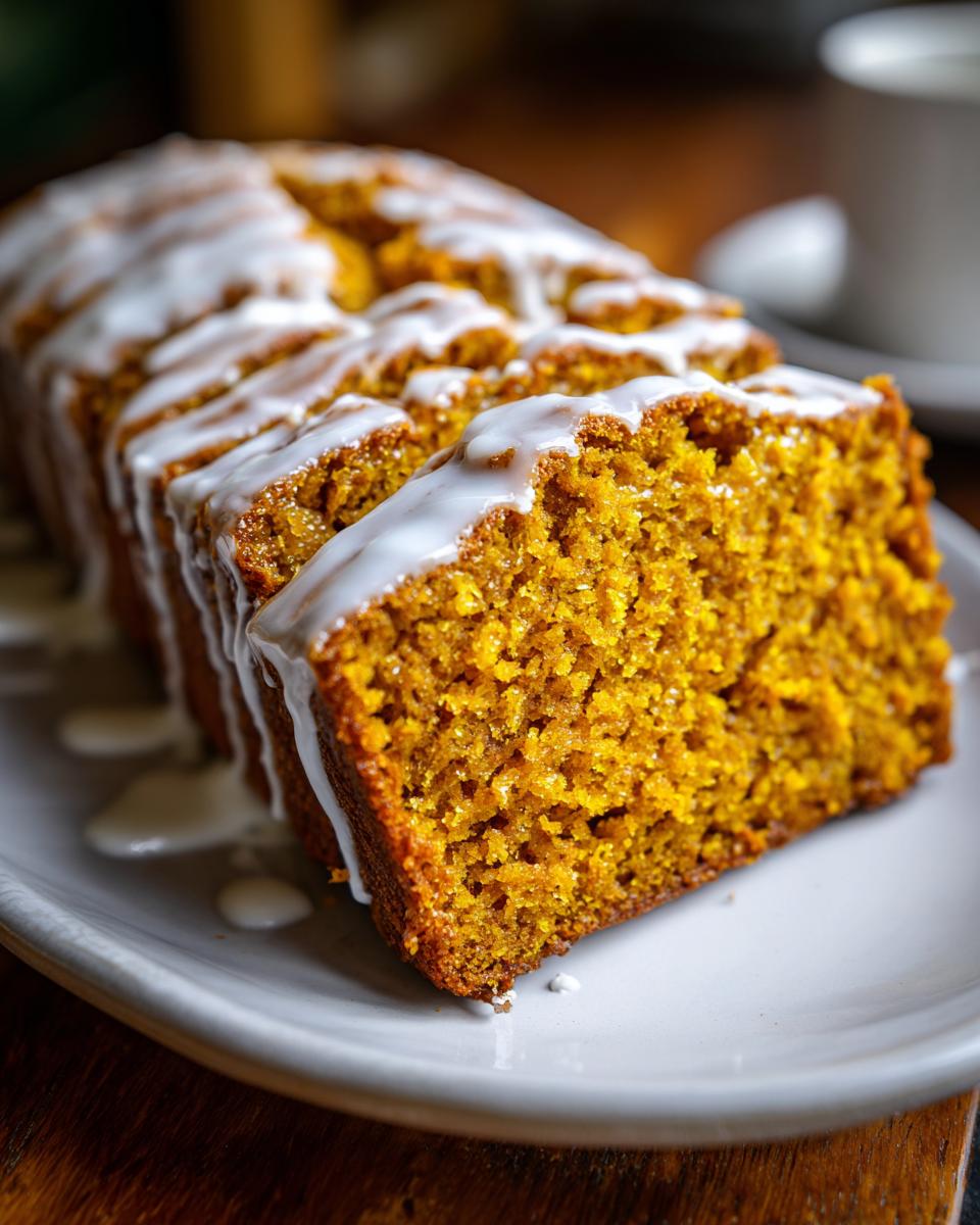 Close-up of sliced moist pumpkin bread drizzled generously with white vanilla glaze on a white platter.